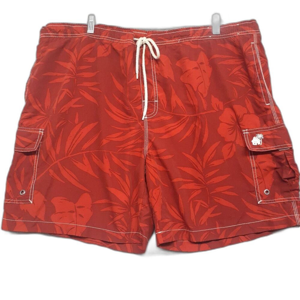 Caribbean Joe Mens Sz XL Red Swim Trunks Shorts Leaf Print Pockets Mesh Brief
